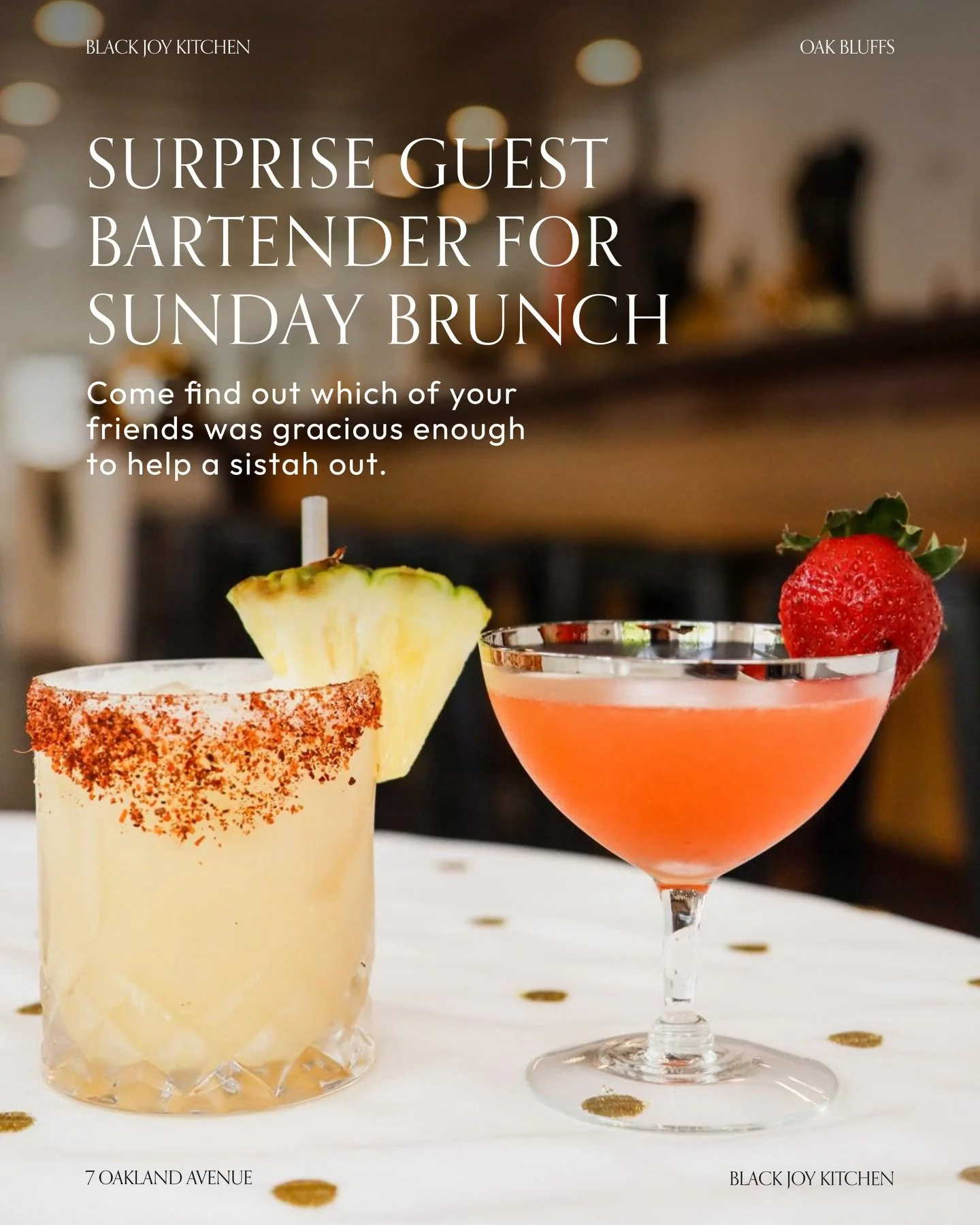 A little Sunday surprise ✨

We&rsquo;ve got a guest bartender joining us for BrunchBQ &amp; Beats today, starting at 10AM.

Come find out which one of your friends was gracious enough to help a sistah out 👀

Good food. 
Good music. 
Good people. 
An