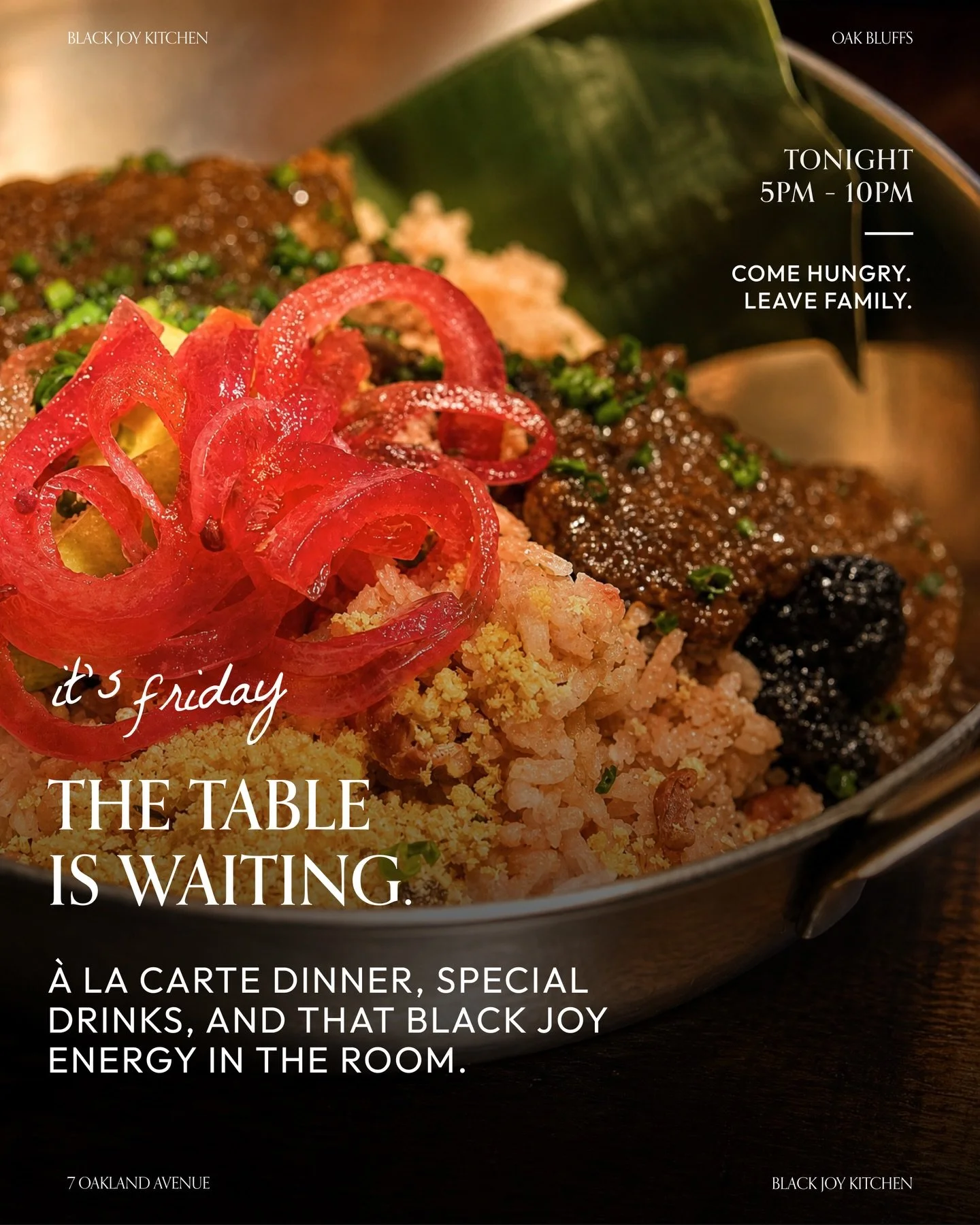 Friday night, family ✨

The room is warm, the drinks are flowing, and the table is waiting for you 👐🏾

Come gather with us tonight at Black Joy. We&rsquo;re open until 10PM with dinner, drinks, and all the joy you need to start the weekend right 🙌