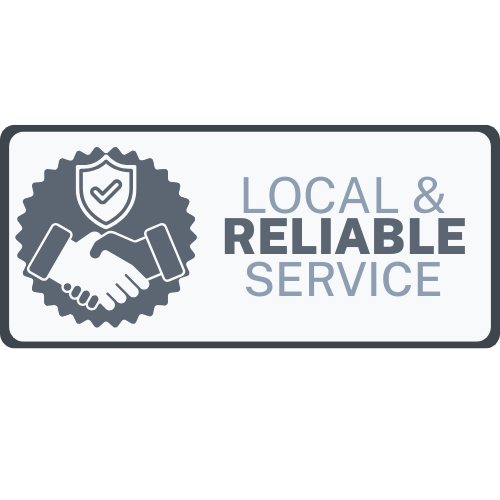 Graphic with a handshake, shield, and checkmark icon alongside text stating "Local & Reliable Service"