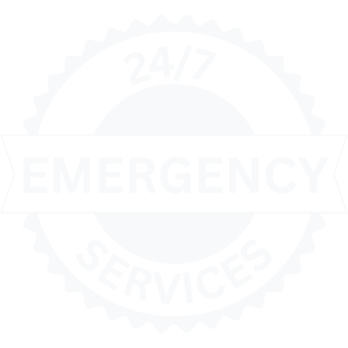 Black and white badge featuring the text '24/7 Emergency Services' with a ribbon across the center that says 'Emergency'.