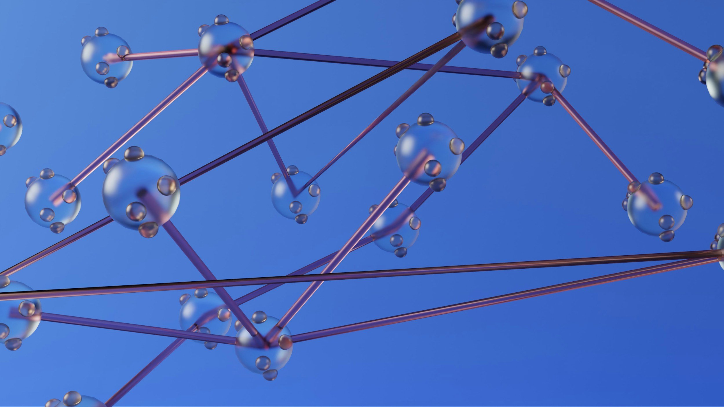 A digital illustration of a molecular structure with connected spheres and rods against a blue background.
