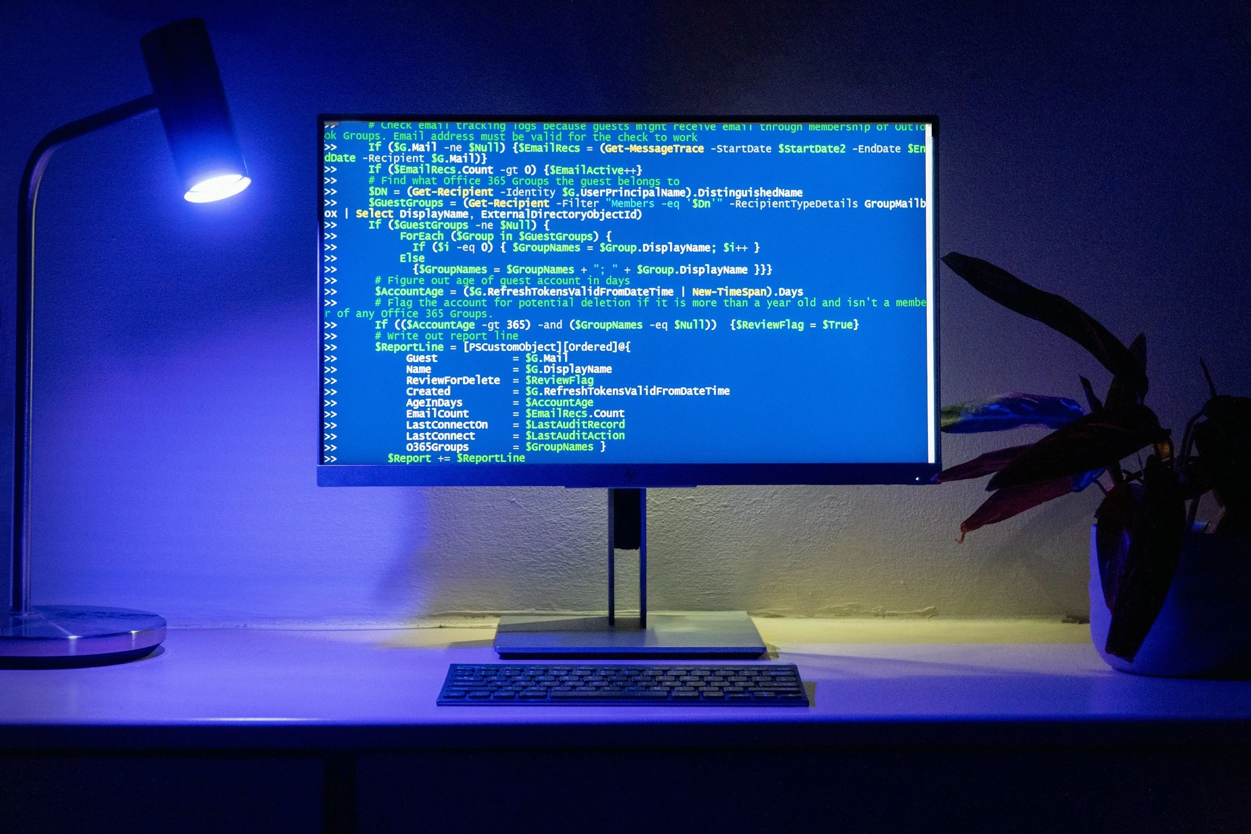 A computer monitor displaying blue screen with programming code in green and white text, placed on a white desk, with a desk lamp on the left and a potted plant on the right, illuminated by dim blue lighting.