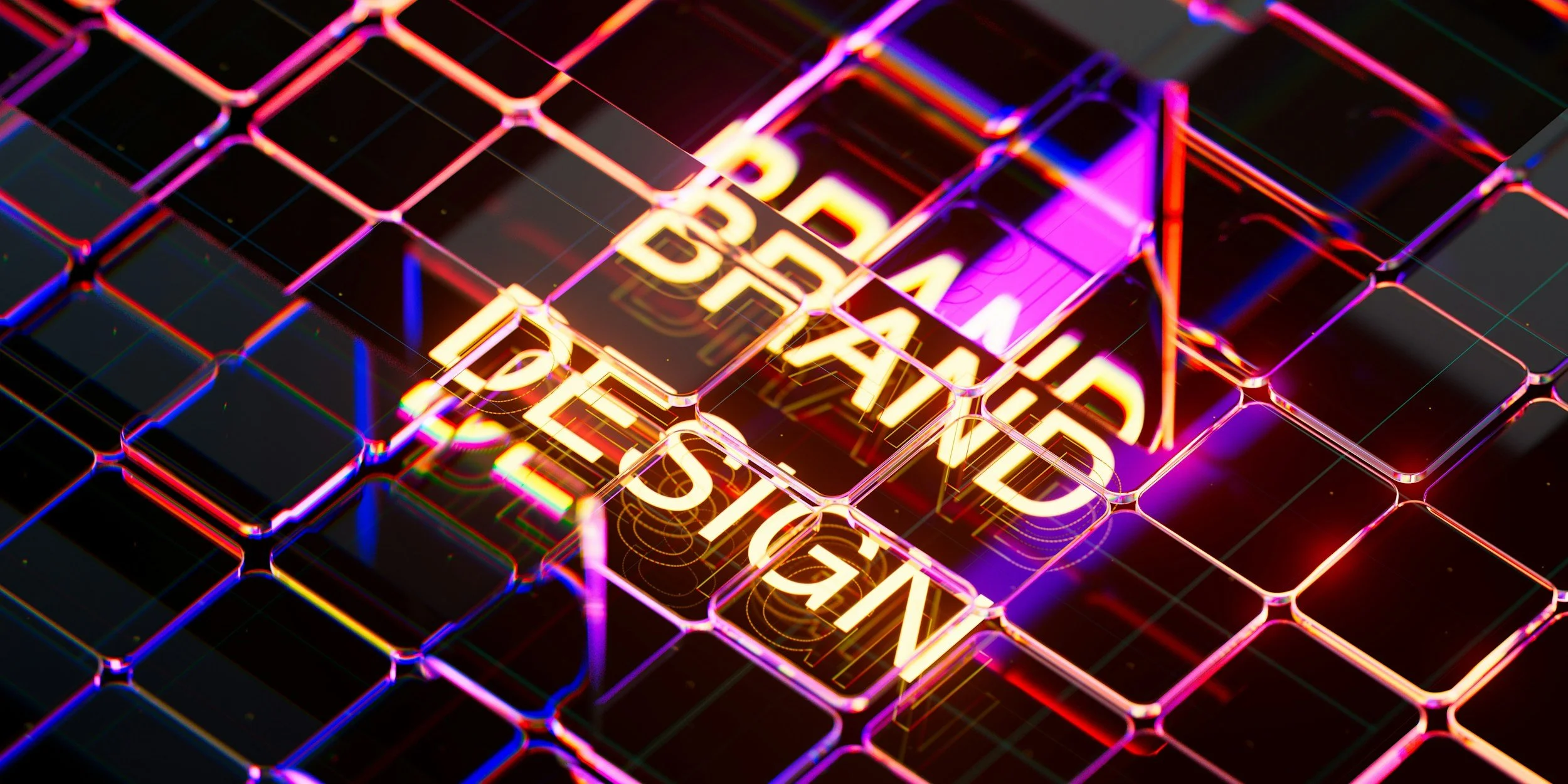A 3D digital artwork of a neon sign with the words "Blockchain Design" displayed in bright yellow and pink lights, surrounded by a network of illuminated square outlines.