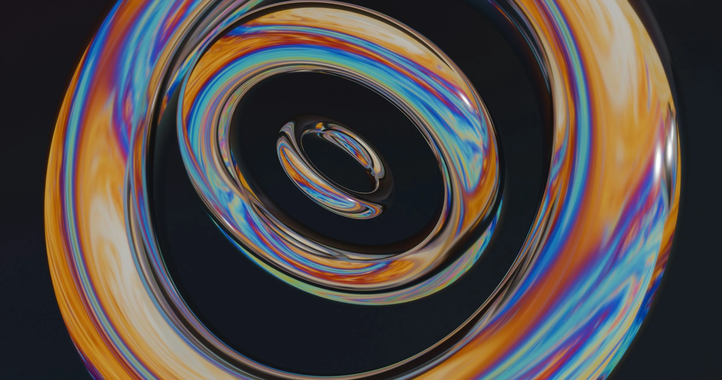 Close-up of a colorful, swirling, abstract glass sculpture with vibrant streaks of orange, blue, yellow, and purple on a black background.