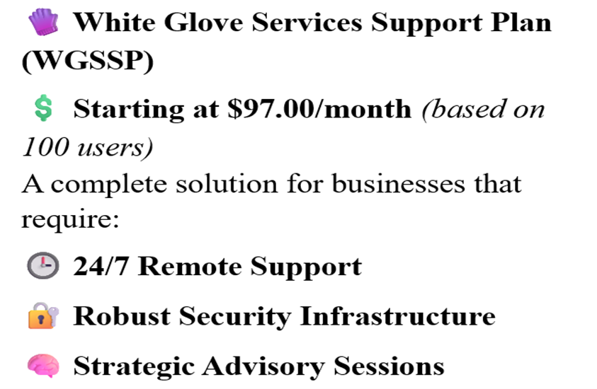 Details of the White Glove Services Support Plan (WGSSP), including pricing and features such as 24/7 remote support, security infrastructure, and strategic advisory sessions.