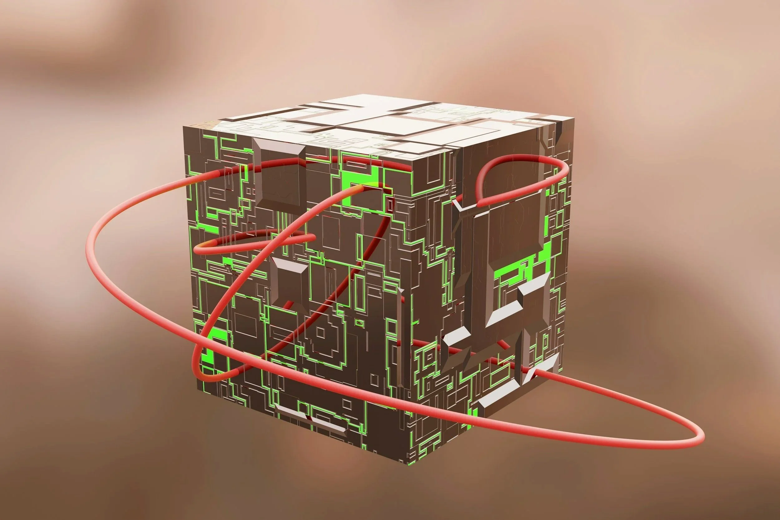 A 3D digital illustration of a circuit board-based cube with red wires wrapped around it, set against a blurred beige background.
