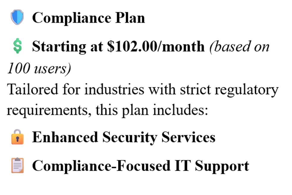 Image of a compliance plan advertisement showing starting price at $102.00 per month for 100 users, with features including enhanced security services and compliance-focused IT support.