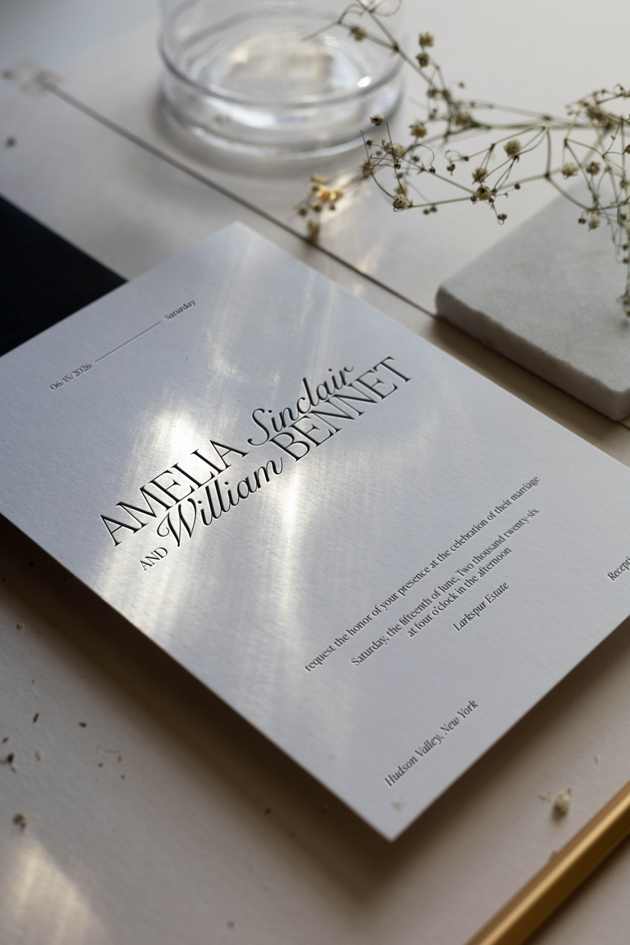 Letterpress main wedding invitation from our Sinclair wedding suite