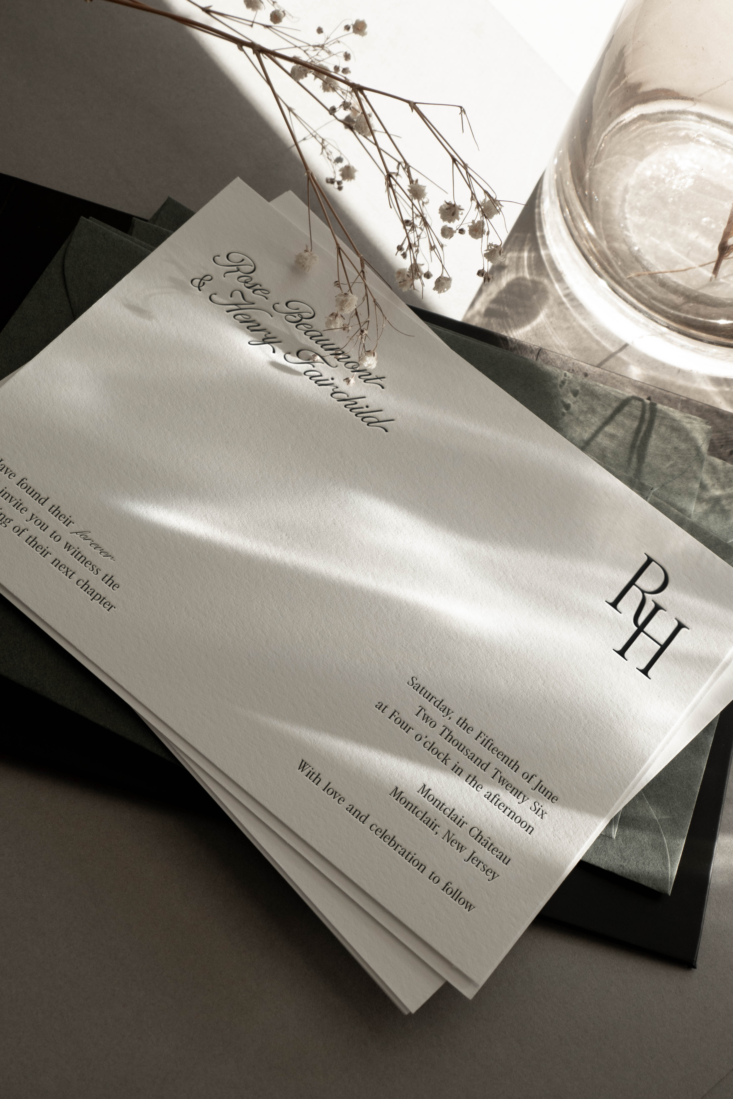 Letterpress main wedding invitation from our Beaumont wedding suite