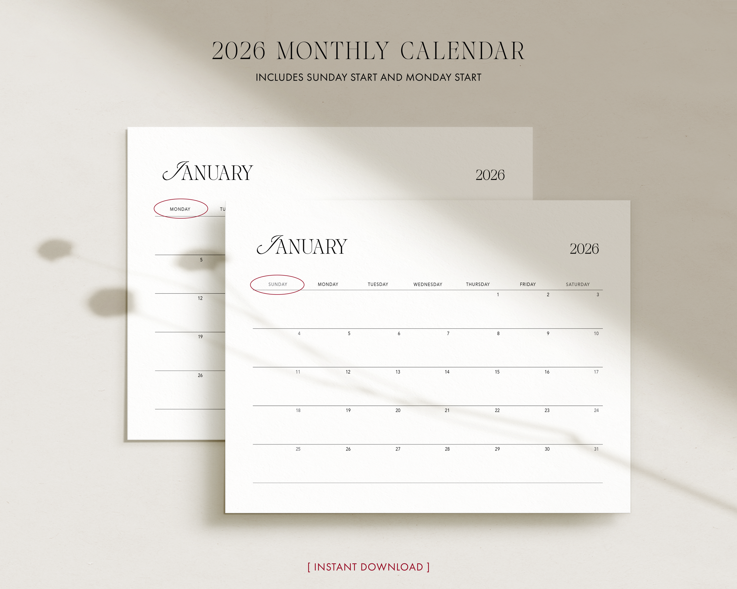 2026 Monthly Calendar - Sunday & Monday Start.png