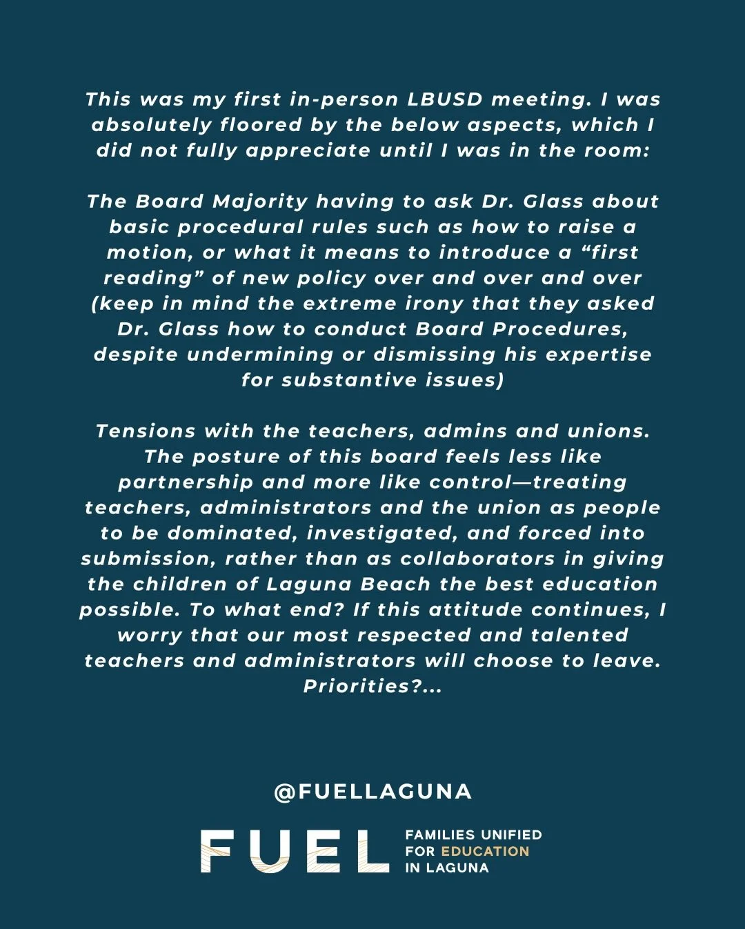 A testimonial from a Midnight Mom. A parent and community member who stayed until midnight to share her voice and reflect on what she saw. These are her observations. We are listening.

#FUELLaguna #LagunaBeachSchools #LagunaBeachCommunity