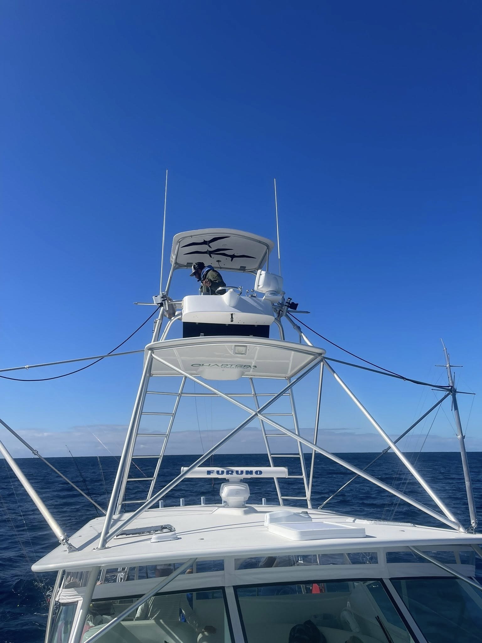 View from the front of a white boat with a person working on the upper deck, the boat is on the water under a clear blue sky.