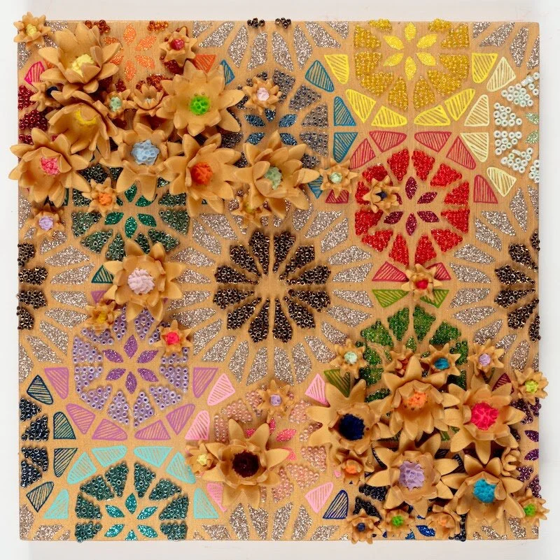 #23. Microbeads, glitter, polymers clay, acrylic on wood. 8” x 8”