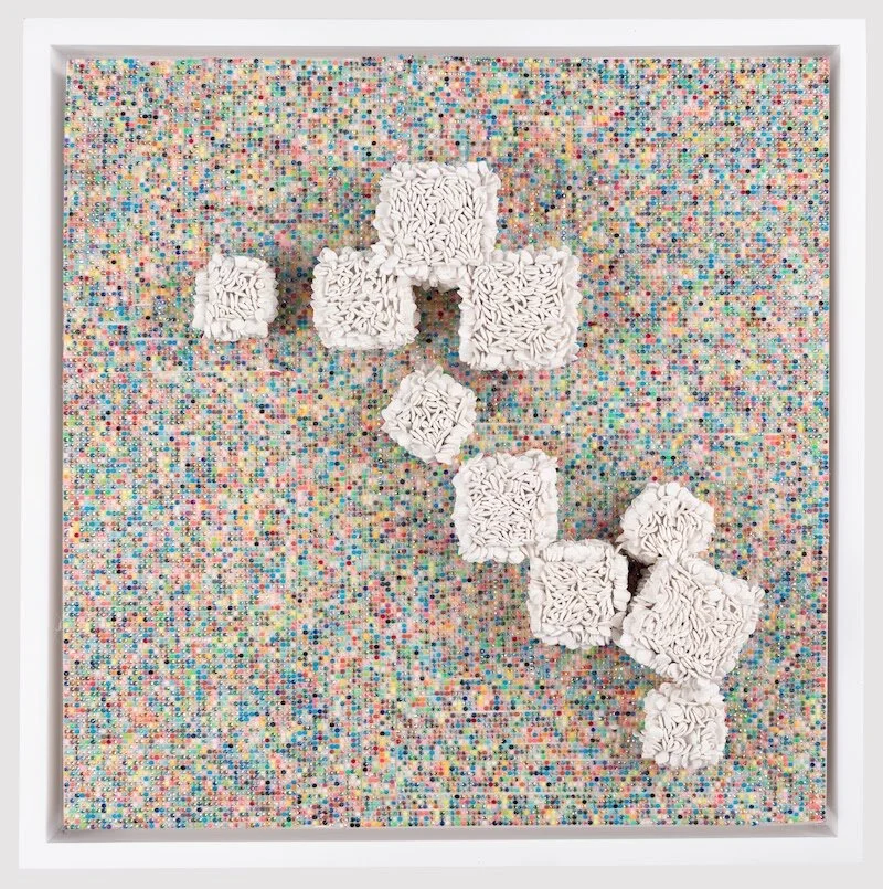 Direct/Inverse #5. Beaded tape and polymers clay on wood. 12”x 12”