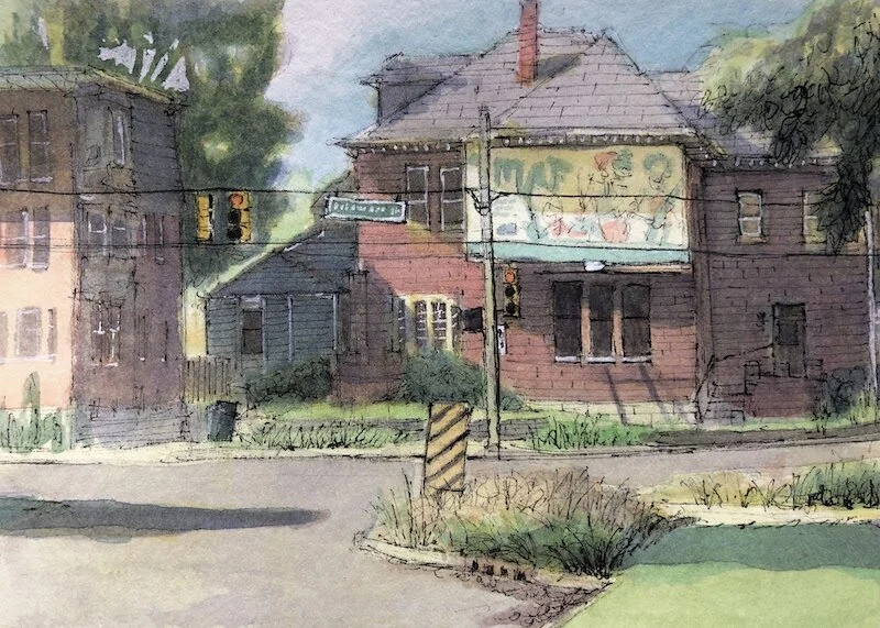 16th and Delaware. Ink and watercolor. 5 x 7