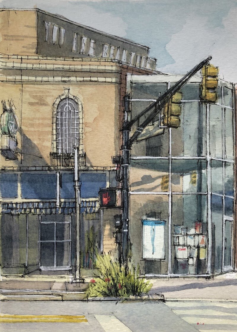 Virginia Ave and Woodlawn. Ink and watercolor. 5 x 7.