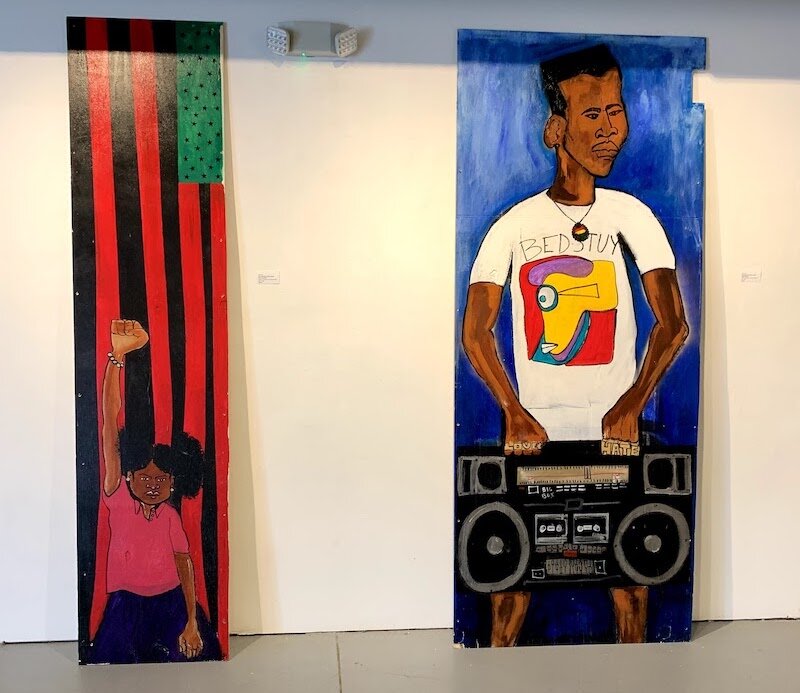 Panel Mural for Racial Justice: Power Panel Girl (left), Radio Raheem (right). Aerosol, enamel, acrylic on wood panel.&nbsp;