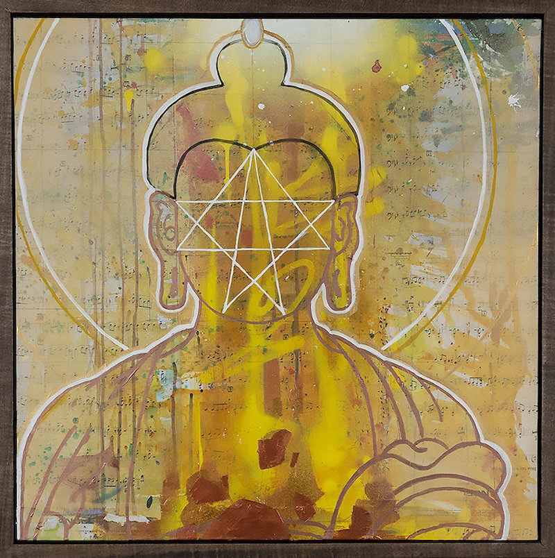 Angel, acrylic and collage on canvas, 26” x 26” x 1.25”