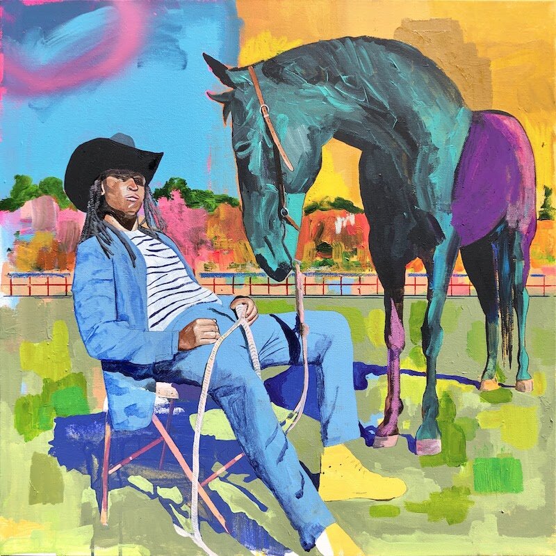 Train Round the Bend. Oil, acrylic, spray paint, ink, and pastel. 24” x 24”