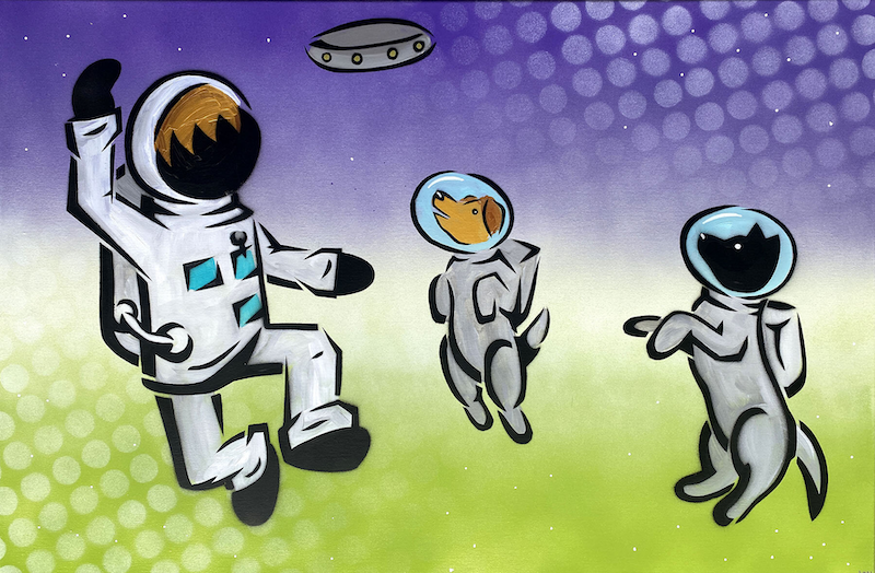 Space Puppies. By Joy Hernandez. Aerosol and acrylic, 24” x 36.”