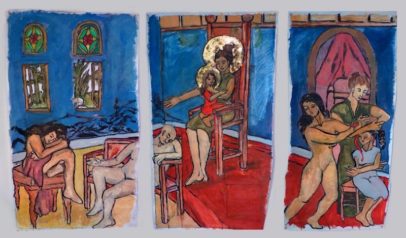 On Motherhood, Oil, charcoal, ink, gold leaf on paper, 6' x 6' Triptych