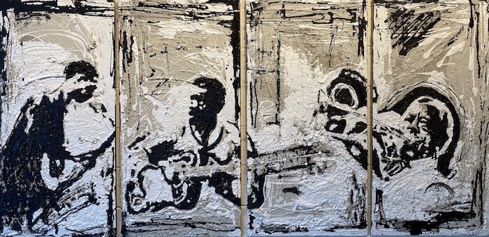 A Tribute to Pookie, Wes &amp; Slide. Concrete, Tar, White Latex on Wood. 4 sections each panel 48” x 24”.