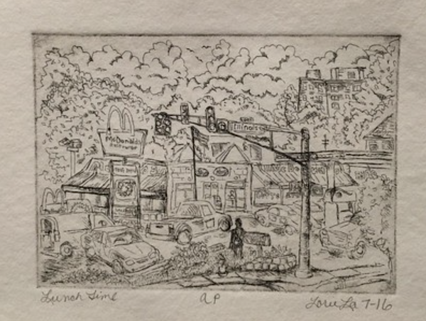 Lunch Time 2 by Lorie Lee. This sketch features the McDonald’s on 38th and Illinois, where people and cars can be found gathering at all hours of the day.