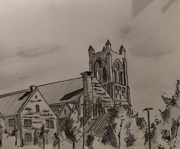 Untitled by Nick Boyum. Depicts the North United Methodist Church in the Maple Crossing area.