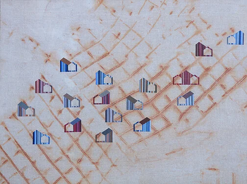 ‘Interchange’Gouache on rust printed linen