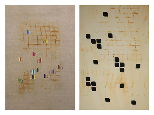 ‘Diaspora 1’, ‘Diaspora 2’Gouache on rust printed linen