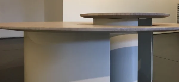 Iteration 2, quarter sawn oak and powder coated steel.