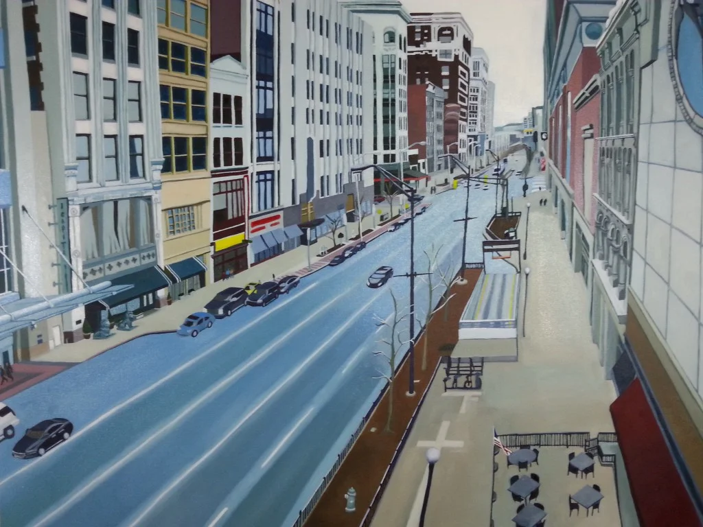 30 x 40, oil on canvas. Downtown Indy Washington St. Looking East from the art Garden 2015