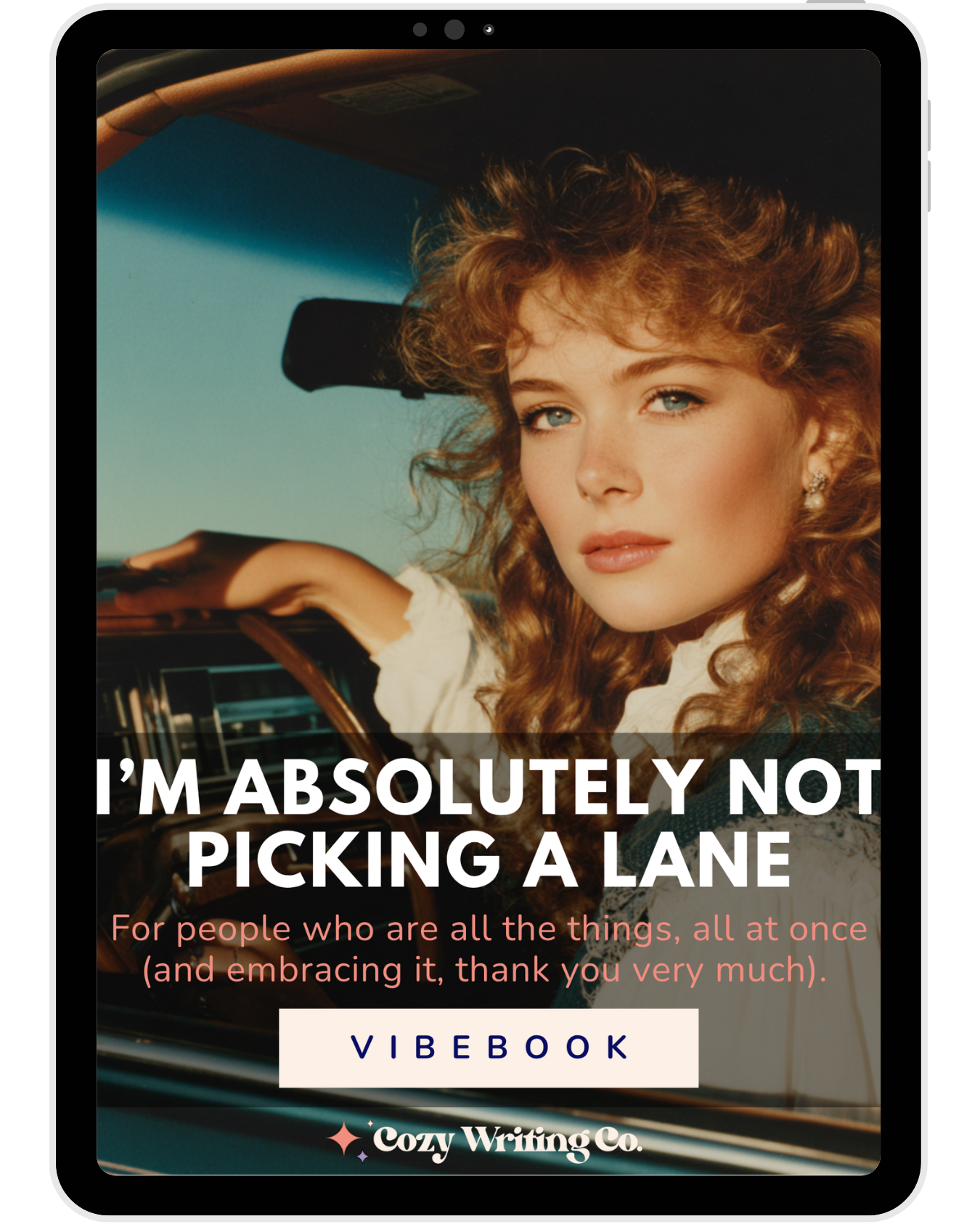 A 1980s woman driving a car on the cover of the I'm Absolutely Not Picking a Lane Vibebook