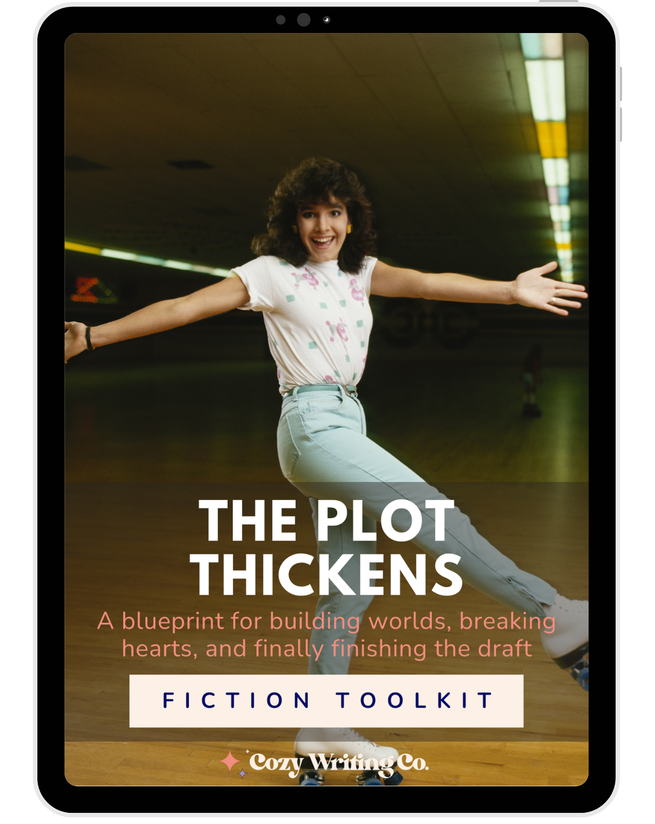 Front cover of "The Plot Thickens" fiction writing toolkit. Features a 1980s woman in a roller rink with a big smile and her arms outstretched.