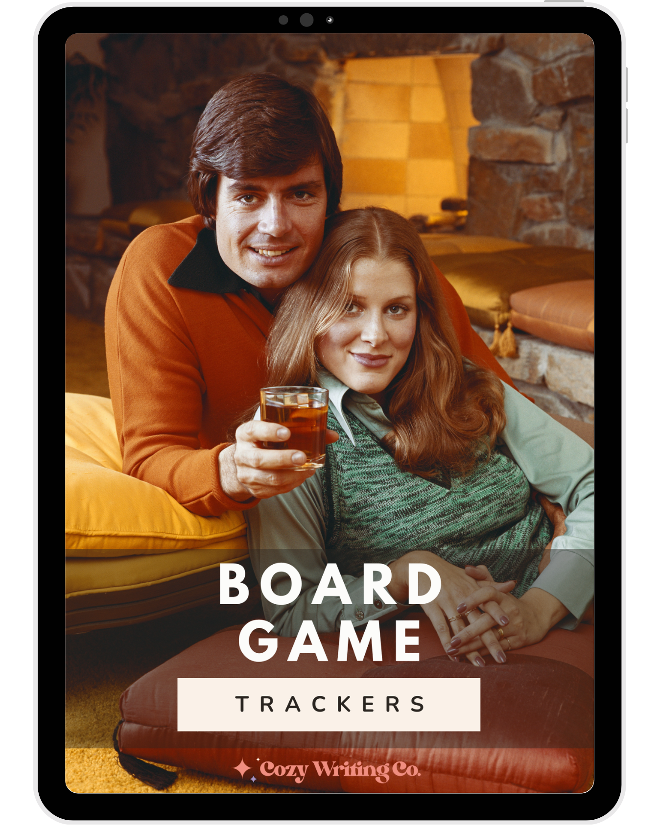 iPad showing the Board Game Trackers cover featuring friends gathered around a board game with drinks.