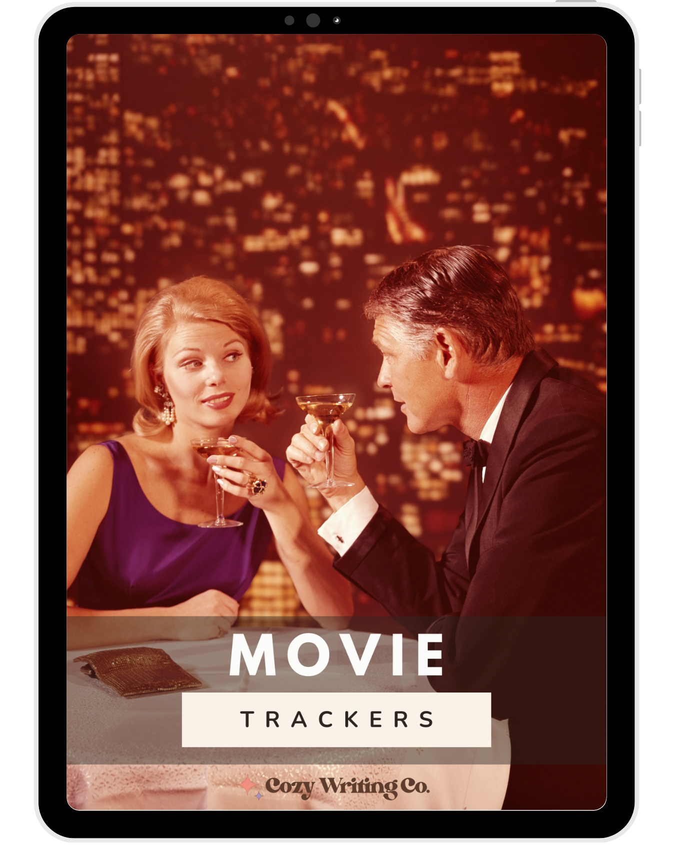 iPad showing the Movie Trackers cover with a vintage-style couple sharing drinks in a dimly lit room.