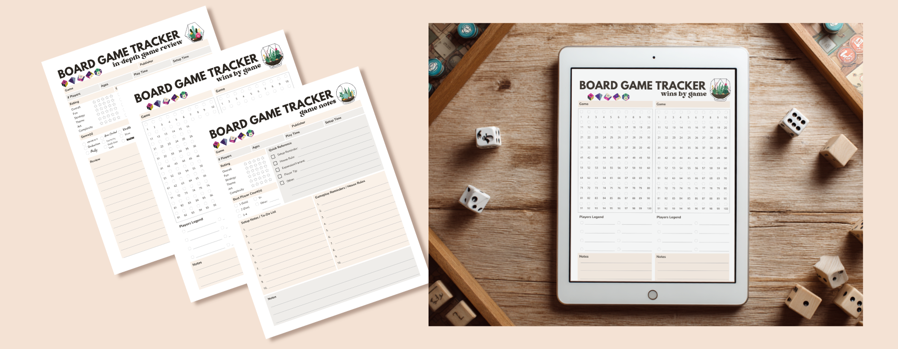 Board game tracker printable PDF shown on tablet and printable sheets for tracking wins, ratings, and game collection organization.