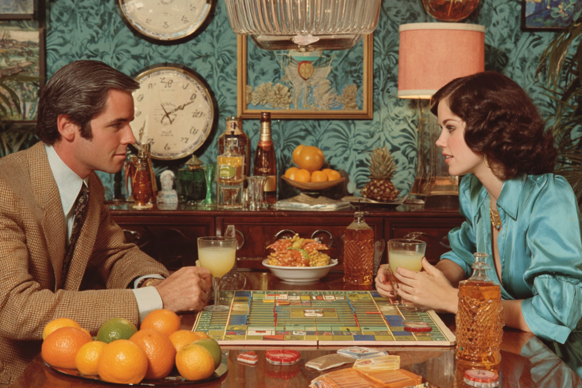 A man and woman intensely focused on a board game at a table, surrounded by drinks and a richly decorated, vintage-style room.