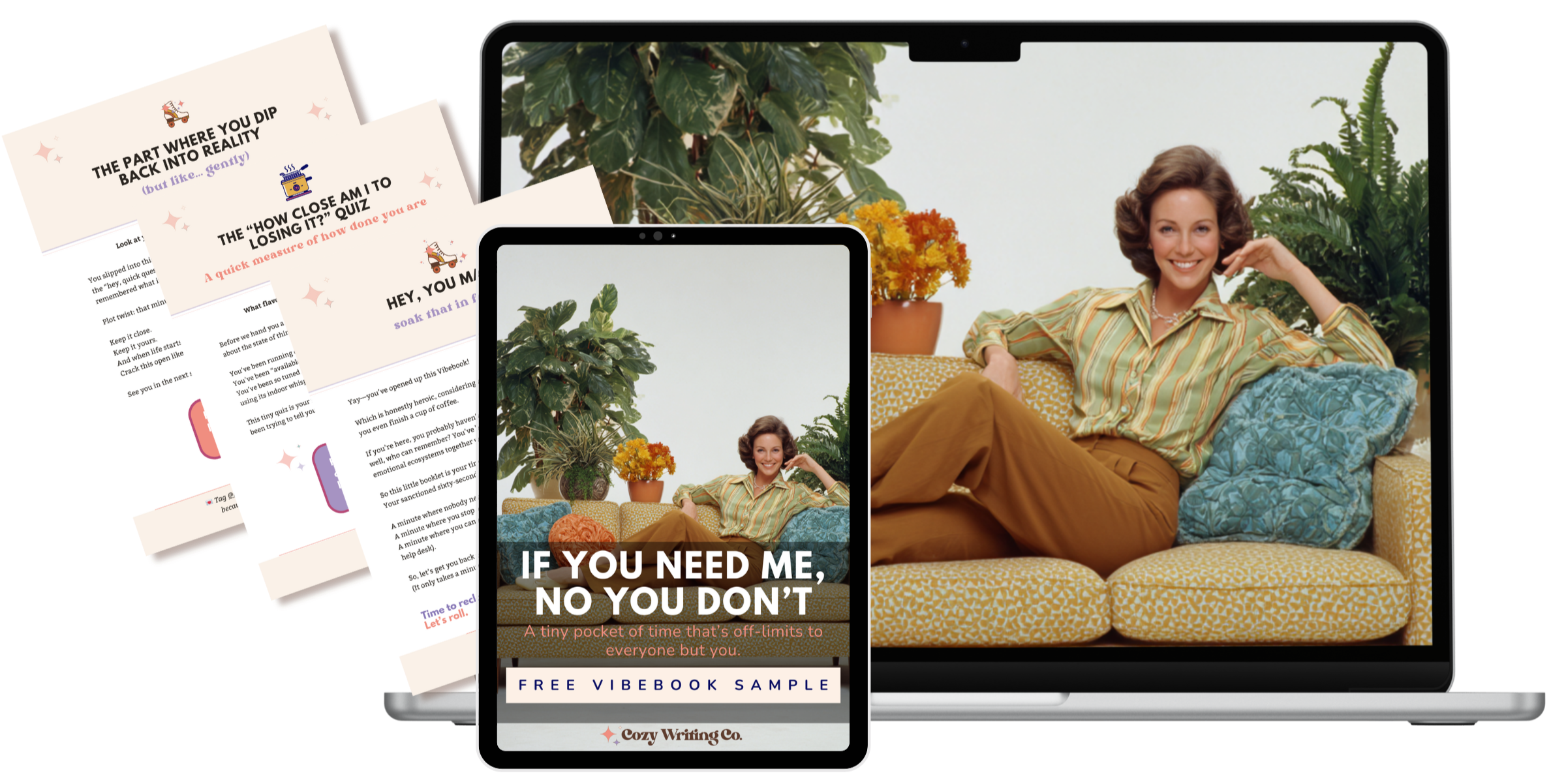 A cozy product mockup featuring a laptop, phone, and printable pages for the “If You Need Me, No You Don’t” freebie from Cozy Writing Co. The design shows the workbook cover, sample pages, and a laptop