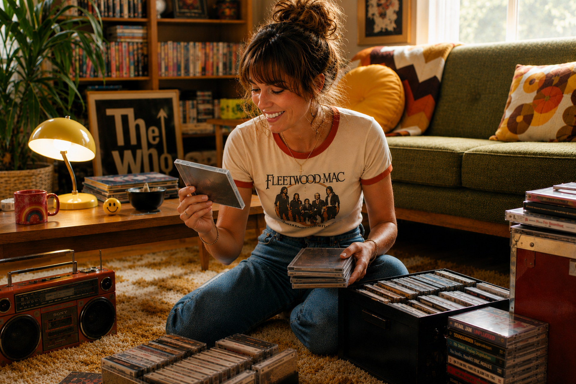 A woman in a retro Fleetwood Mac t-shirt sitting on a shag carpet and looking through old CDs and cassette tapes, with a boombox next to her.