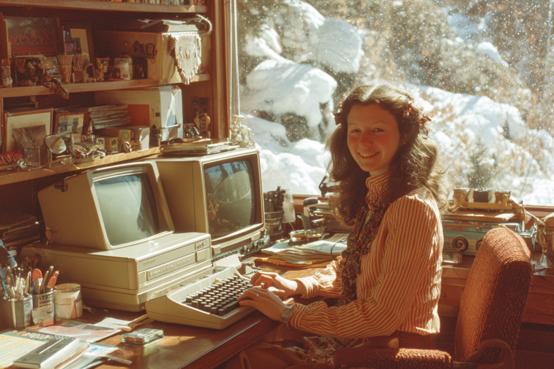 A vintage image of a woman working on a typewriter with snow outside her window