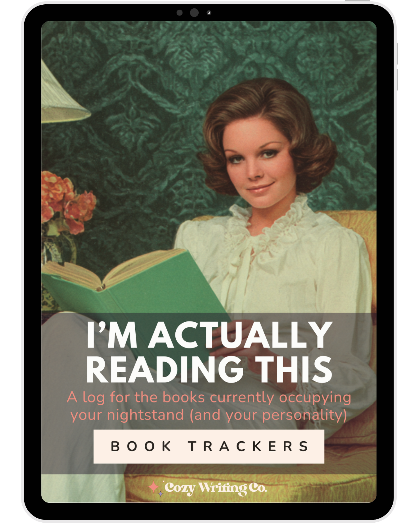 A cover image of the I'm Actually Reading This book trackers by Cozy Writing Co. featuring a woman lounging reading a book.
