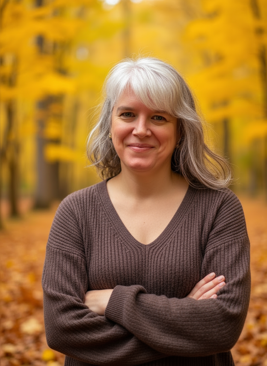 An image of a smiling woman with her arms folded, standing outside with fall colors