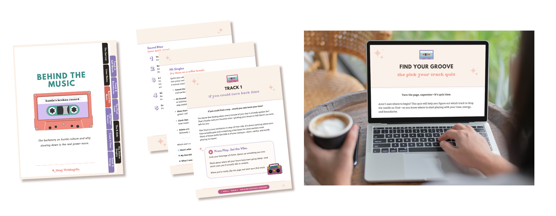 Guided journaling pages about slowing down and time awareness alongside a person using a laptop with coffee in a relaxed setting.