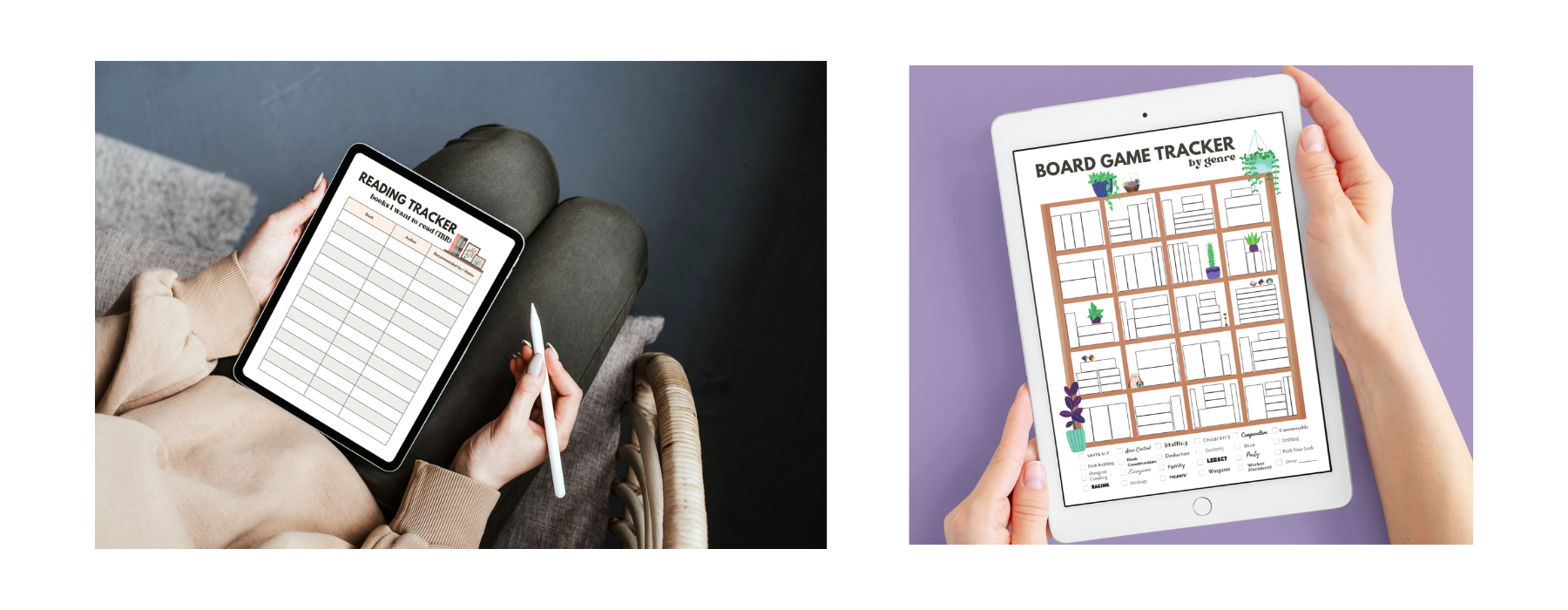 Two photos showing the reading tracker and board game tracker in use.