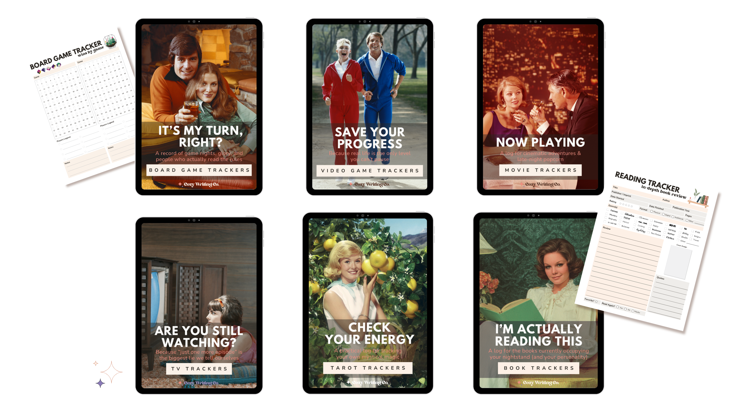 An image showing the covers of all 6 lifestyle trackers: It's My Turn, Right? (board games), Save Your Progress (video games), Now Playing (movies), Are You Still Watching? (TV), Check Your Energy (tarot), and I'm Actually Reading This (books).
