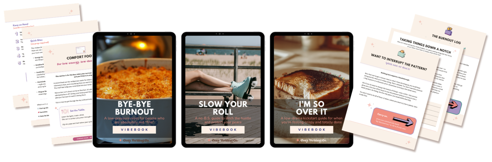 An image showing the covers of the Bye-Bye Burnout Vibebook, the Slow Your Roll Vibebook, and the I'm So Over It Vibebook, plus some of the interior pages.
