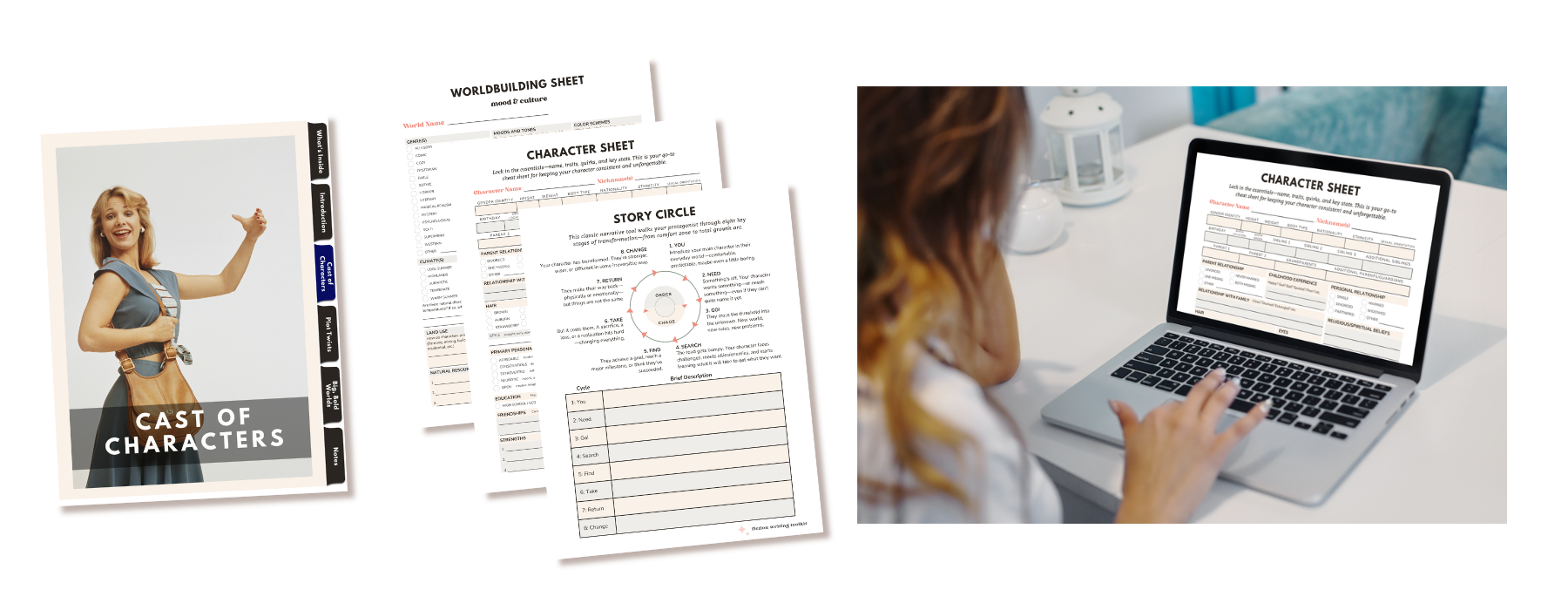 A peek inside the Fiction Writing Toolkit—character sheets, worldbuilding pages, story circle, and a writer editing on her laptop.