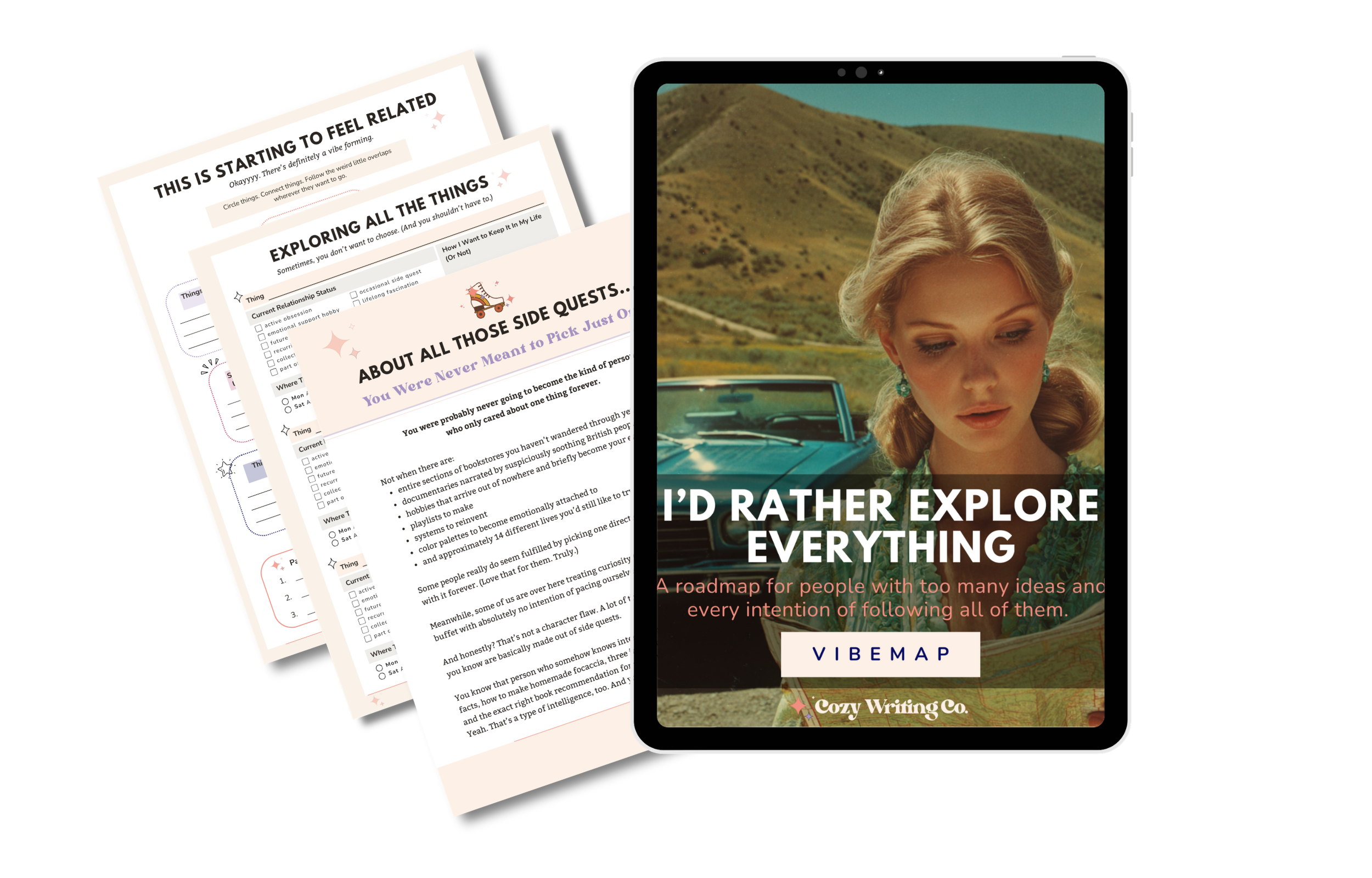 The cover of the I'd Rather Explore Everything Vibemap, with a 1970s blonde woman looking at a map with a car and mountains in the background. Plus, three interior pages from the Vibemap, including essays, grids, maps, and worksheets.