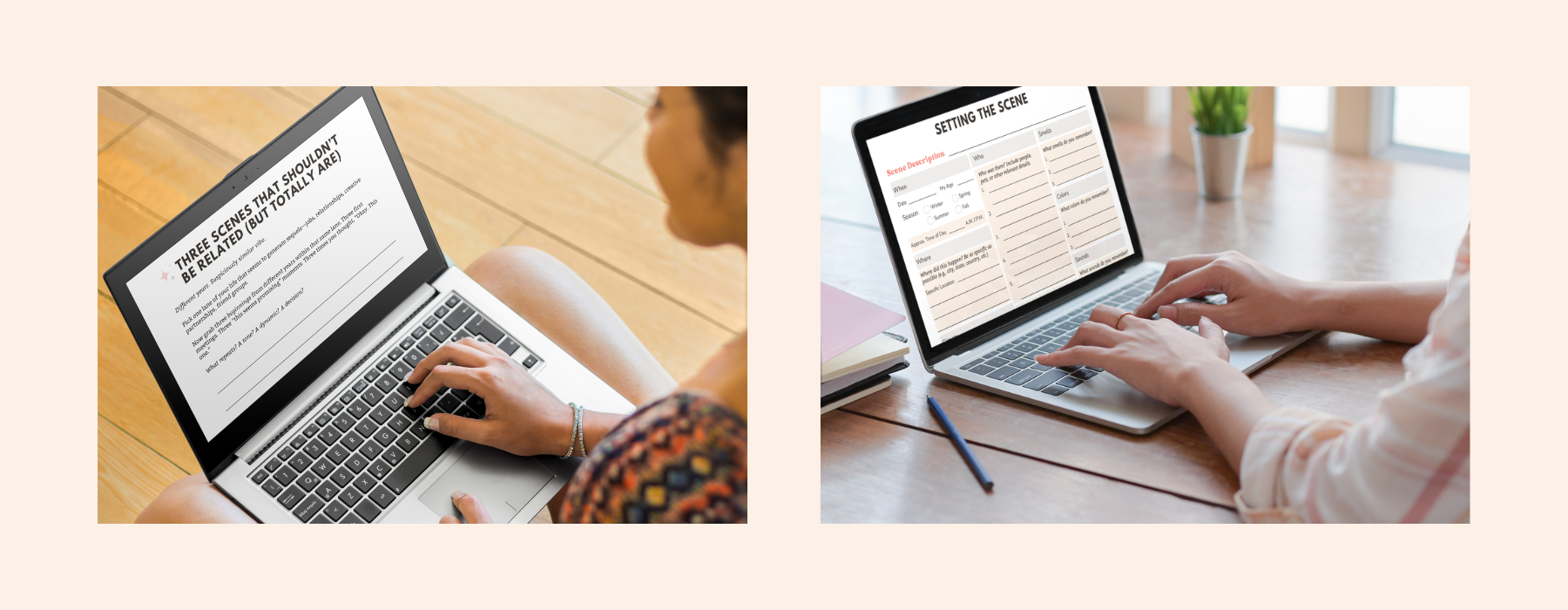 Images of women on laptops, using pages from the memoir writing toolkit and memoir writing prompts by Cozy Writing Co.